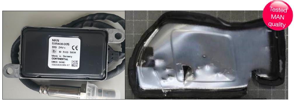 Мал. 5: Корпус є елементом безпеки – він використовується на справжньому датчику NOx MAN (ліве зображення). Його неможливо відкрити без знищення кришки (праве зображення).